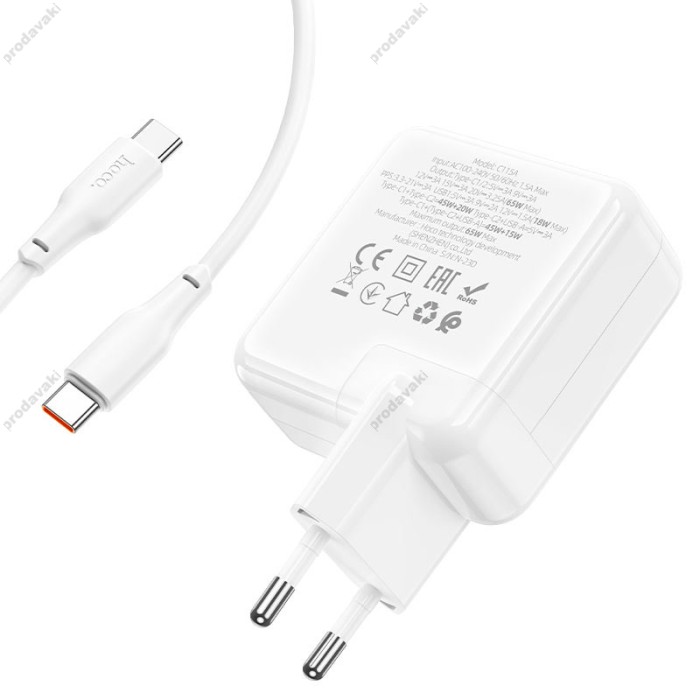 Мережевий зарядний пристрій HOCO C115A Header three-port Type-C cable 65W White