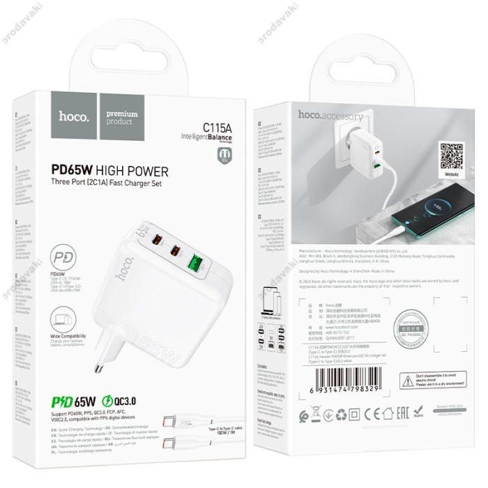 Мережевий зарядний пристрій HOCO C115A Header three-port Type-C cable 65W White