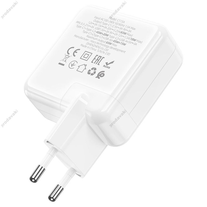 Мережевий зарядний пристрій HOCO C115A Header three-port 65W White
