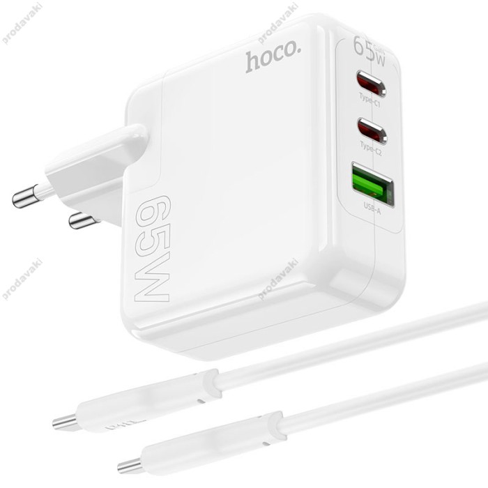 Мережевий зарядний пристрій HOCO C115A Header three-port Type-C cable 65W White