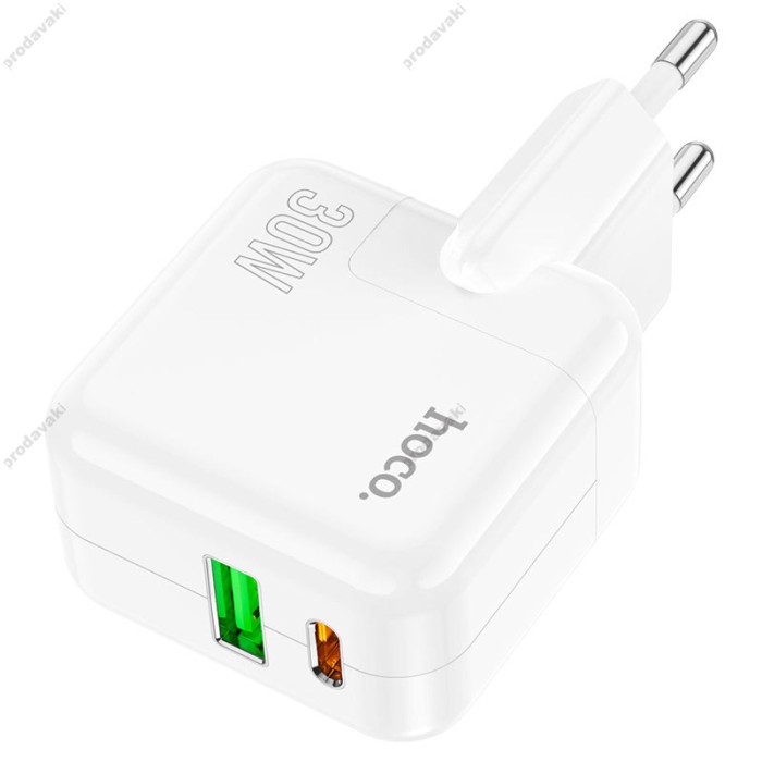 Мережевий зарядний пристрій Hoco C111A Lucky dual-port charger Type-C cable 30W White