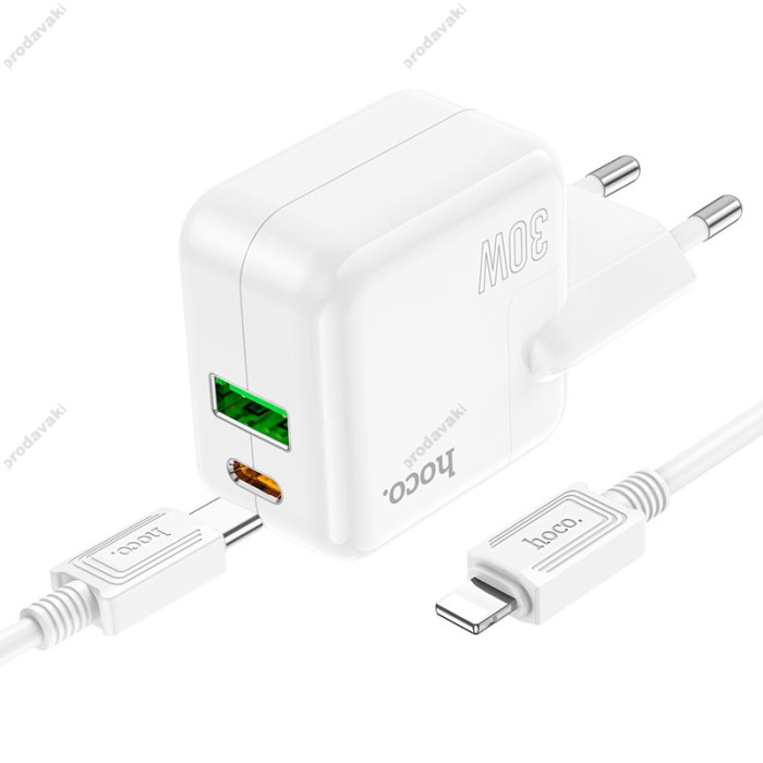 Мережевий зарядний пристрій Hoco C111A Lucky dual-port charger Lightning cable 30W White