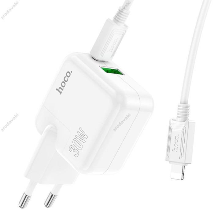 Мережевий зарядний пристрій Hoco C111A Lucky dual-port charger Lightning cable 30W White