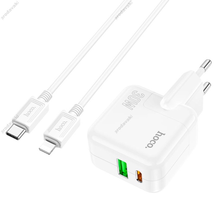 Мережевий зарядний пристрій Hoco C111A Lucky dual-port charger Lightning cable 30W White