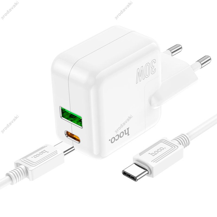 Мережевий зарядний пристрій Hoco C111A Lucky dual-port charger Type-C cable 30W White