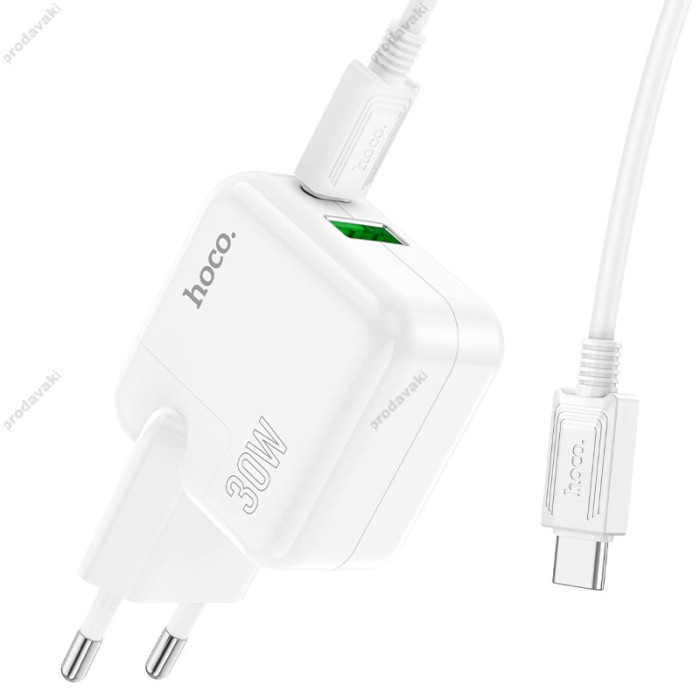 Мережевий зарядний пристрій Hoco C111A Lucky dual-port charger Type-C cable 30W White