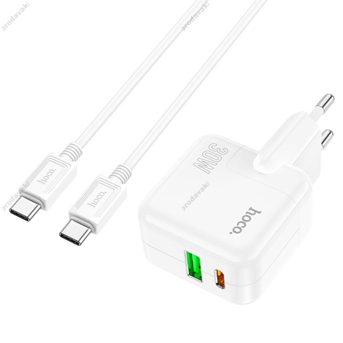 Мережевий зарядний пристрій Hoco C111A Lucky dual-port charger Type-C cable 30W White