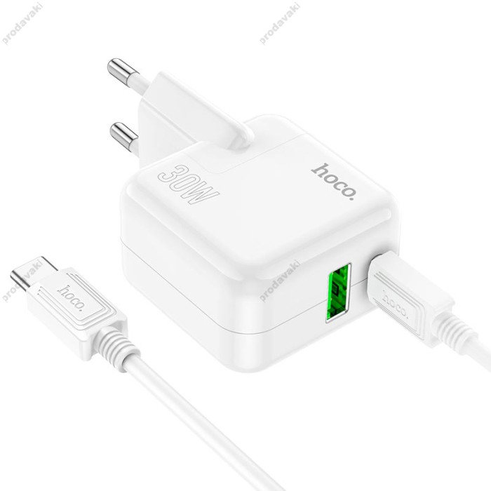 Мережевий зарядний пристрій Hoco C111A Lucky dual-port charger Type-C cable 30W White