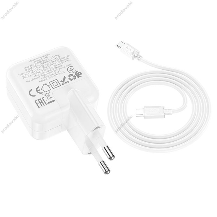 Мережевий зарядний пристрій Hoco C111A Lucky dual-port charger Type-C cable 30W White