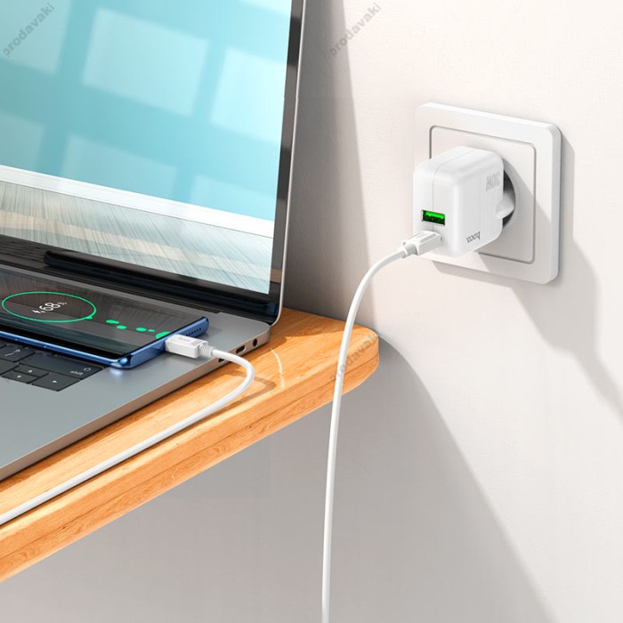 Мережевий зарядний пристрій Hoco C111A Lucky dual-port charger Type-C cable 30W White