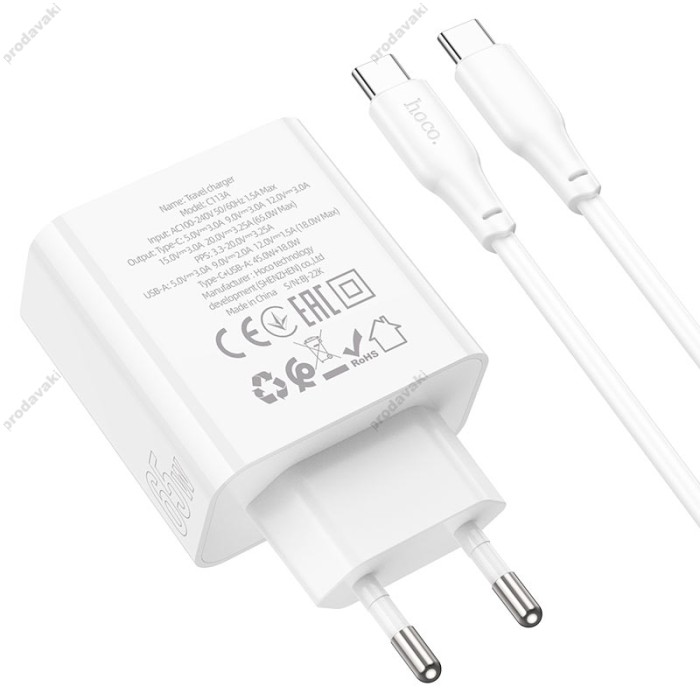 Мережевий зарядний пристрій HOCO C113A Awesome Type-C cable 65W White