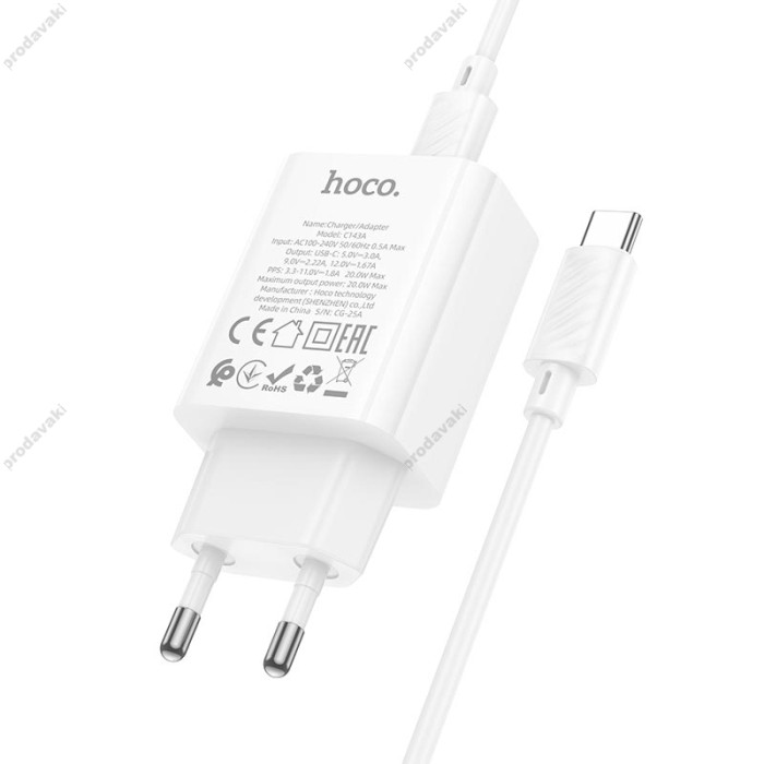 Мережевий зарядний пристрій HOCO C143A Benefit single port charger Type-C cable 20W White