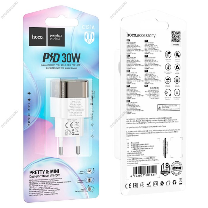 Мережевий зарядний пристрій HOCO C131A Platinum dual-port 30W Transparent-black