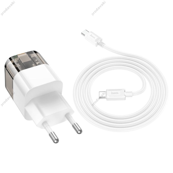 Мережевий зарядний пристрій HOCO C131A Platinum dual-port Type-C cable 30W Transparent-black