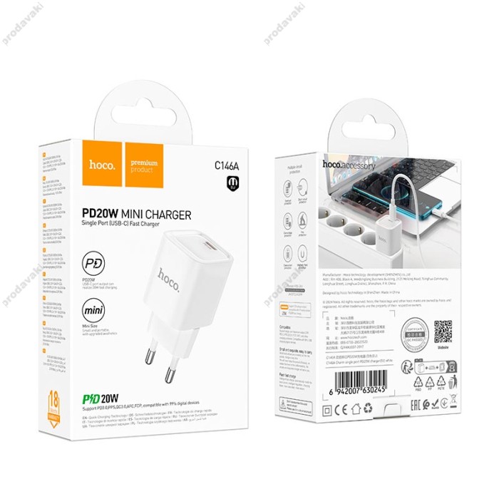 Мережевий зарядний пристрій HOCO C146A Charm single port PD charger 20W White