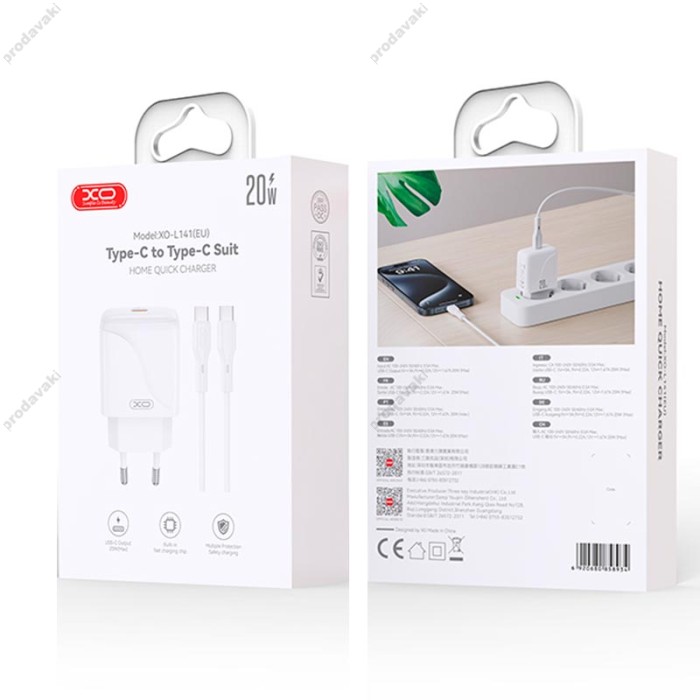 Мережевий зарядний пристрій XO L141 Single USB-C Fast Charger Type-C Cable 20W White