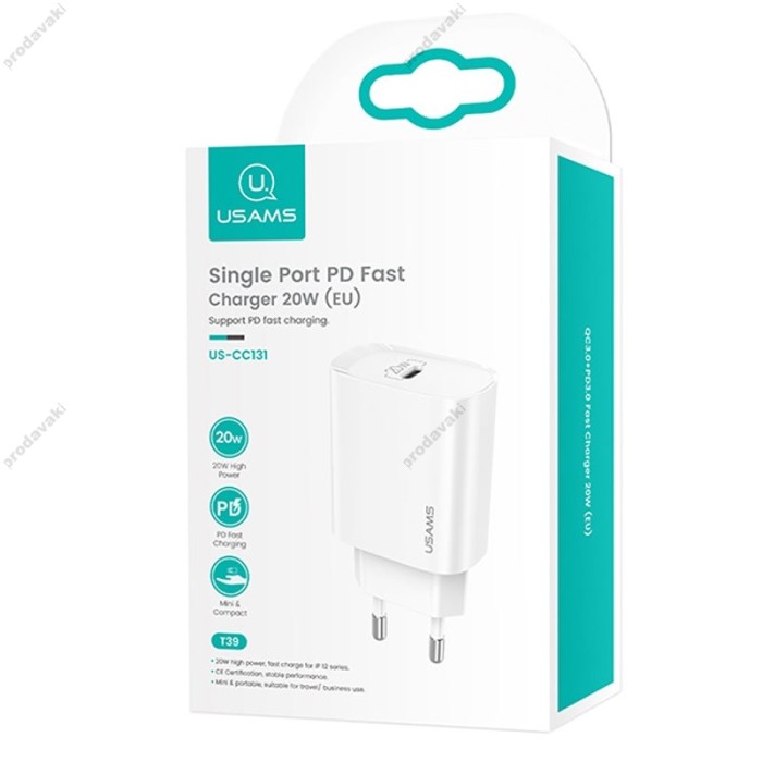Мережевий зарядний пристрій USAMS T39 US-CC131 Single Port PD Fast Charger 20W White