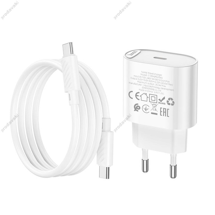 Мережевий зарядний пристрій HOCO C109A Fighter single port charger Type-C cable 20W White