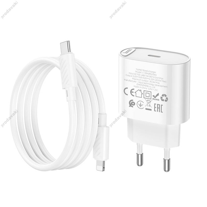 Мережевий зарядний пристрій HOCO C109A Fighter single port charger Lightning cable 20W White
