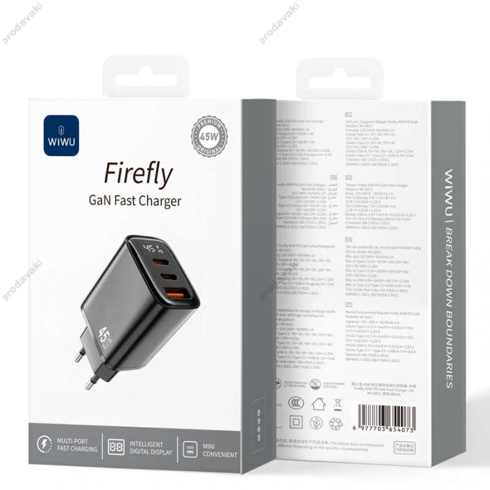 Мережевий зарядний пристрій WIWU Wi-G011 Firefly GaN Fast Charger 45W Black