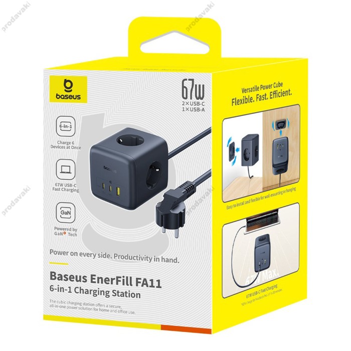 Подовжувач мережі фільтр Baseus Baseus EnerFill FA11 Cube Power Strip 3AC+1U+1C 67W 1.5m EU Black E00082100123-00