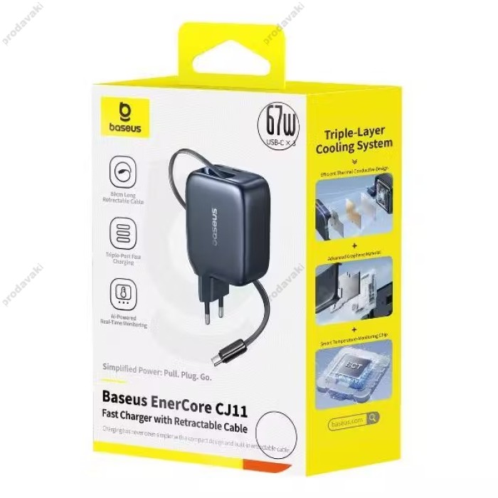 Мережевий зарядний пристрій Baseus EnerCore CJ11 Fast Charger Retractable Cable 3C 67W Black E0121E00