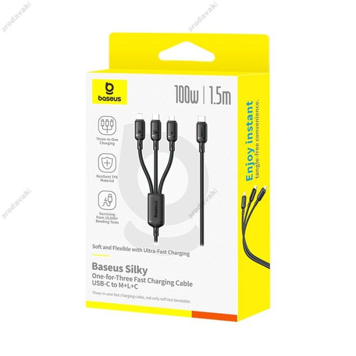PD кабель Baseus Silky 3in1 USB-C to M+L+C 100W 1.5m Black P10377706123-00