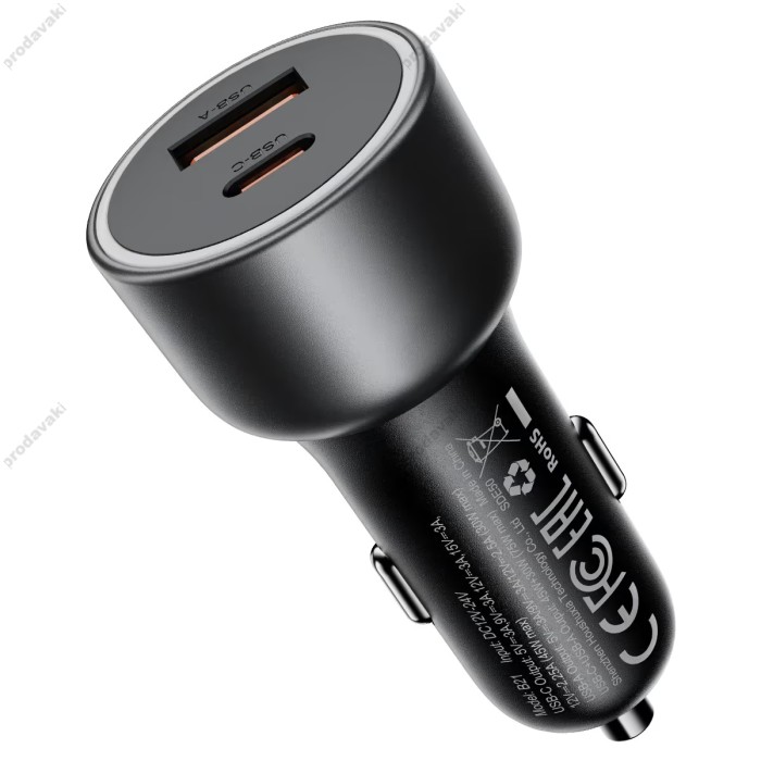 Автомобільний зарядний пристрій ACEFAST B21 PD dual port metal 3A 75W Grey