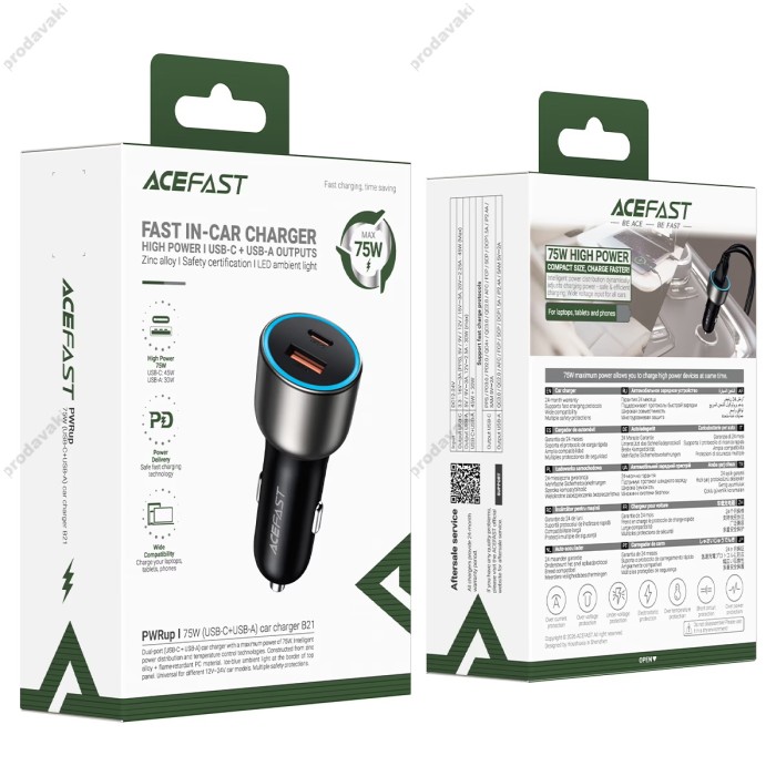 Автомобільний зарядний пристрій ACEFAST B21 PD dual port metal 3A 75W Grey