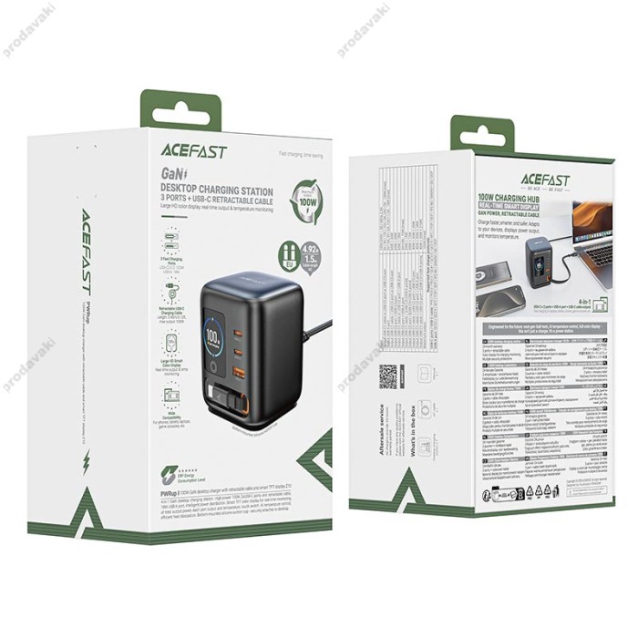 Подовжувач мережі фільтр ACEFAST Z10 GaN desktop charger with telescopic cable 3A 100W Black