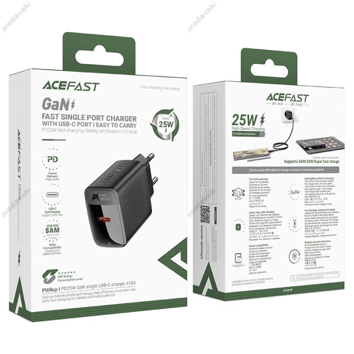 Мережевий зарядний пристрій ACEFAST A104 GaN single USB-C fast charger 25W Black