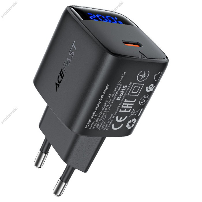 Мережевий зарядний пристрій ACEFAST A113 GaN with digital display 20W Black
