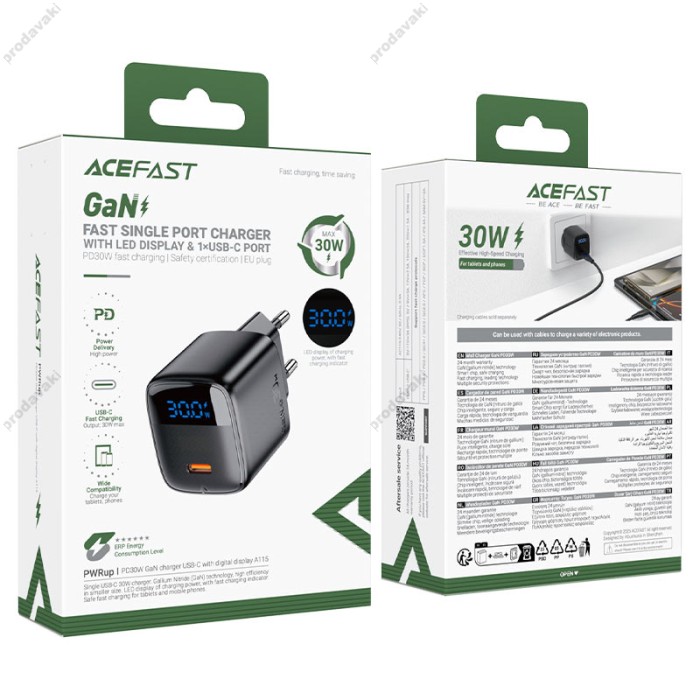 Мережевий зарядний пристрій ACEFAST A113 GaN with digital display 20W Black
