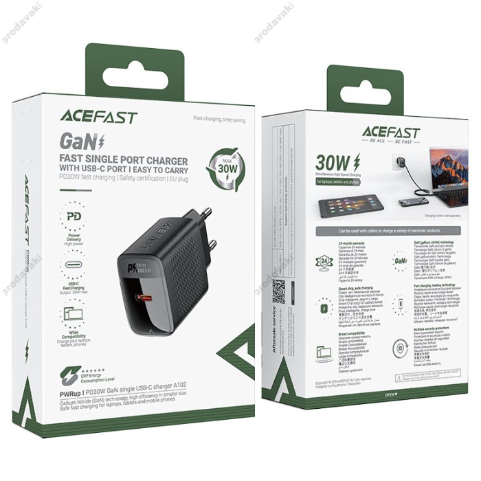 Мережевий зарядний пристрій ACEFAST A102 GaN single USB-C fast charger 30W Black