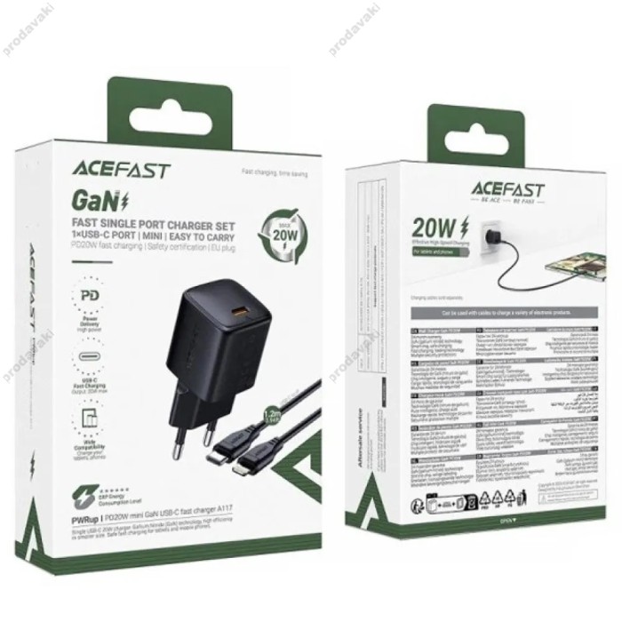 Мережевий зарядний пристрій ACEFAST A117 mini GaN fast charger Lightning cable 20W Black