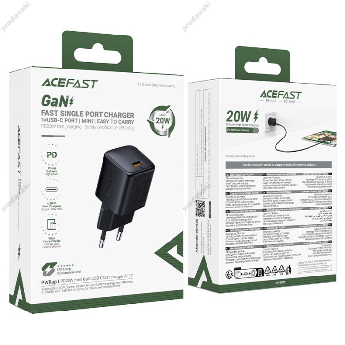 Мережевий зарядний пристрій ACEFAST A117 mini GaN fast charger 20W Black
