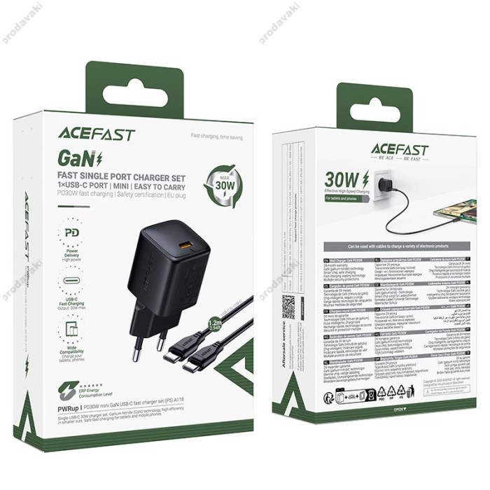 Мережевий зарядний пристрій ACEFAST A118 PD mini GaN USB-C fast charger Type-C cable 30W Black