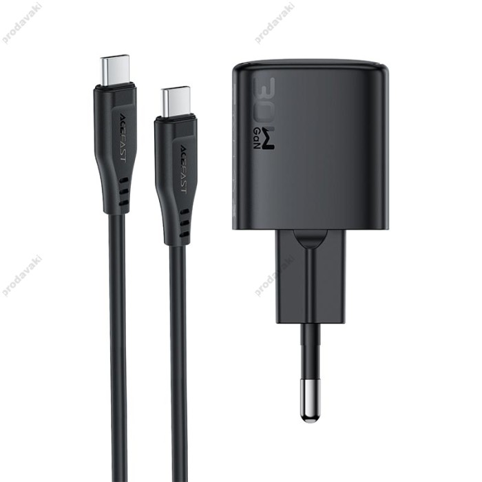 Мережевий зарядний пристрій ACEFAST A118 PD mini GaN USB-C fast charger Type-C cable 30W Black