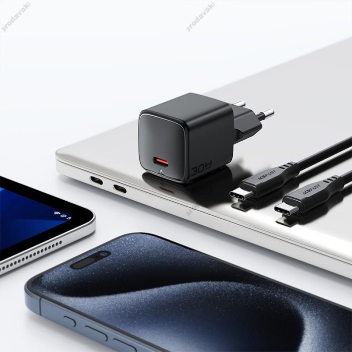 Мережевий зарядний пристрій ACEFAST A118 PD mini GaN USB-C fast charger Type-C cable 30W Black