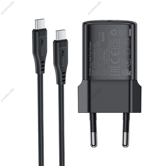 Мережевий зарядний пристрій ACEFAST A118 PD mini GaN USB-C fast charger Type-C cable 30W Black