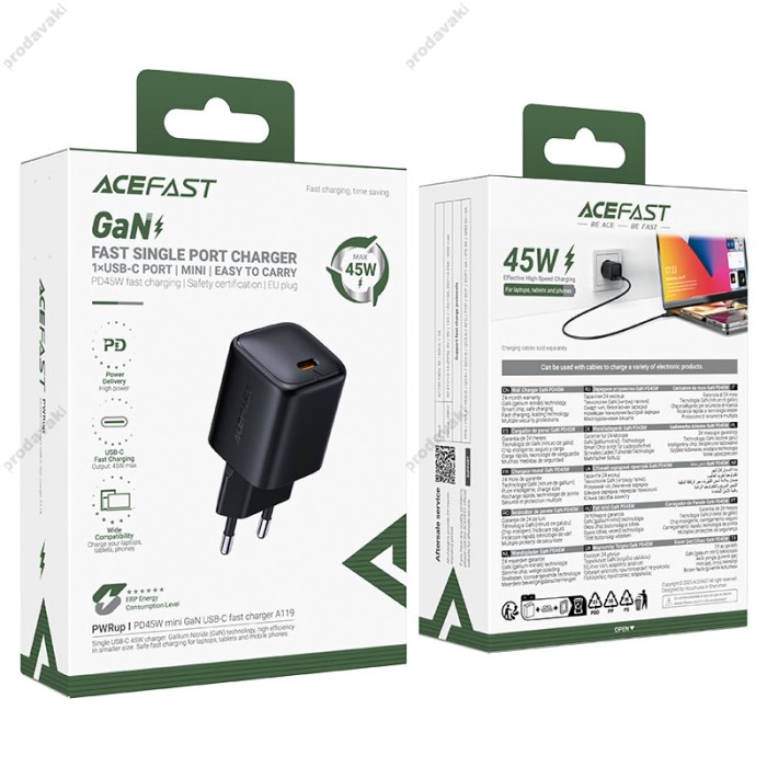 Мережевий зарядний пристрій ACEFAST A119 mini GaN fast charger 45W Black