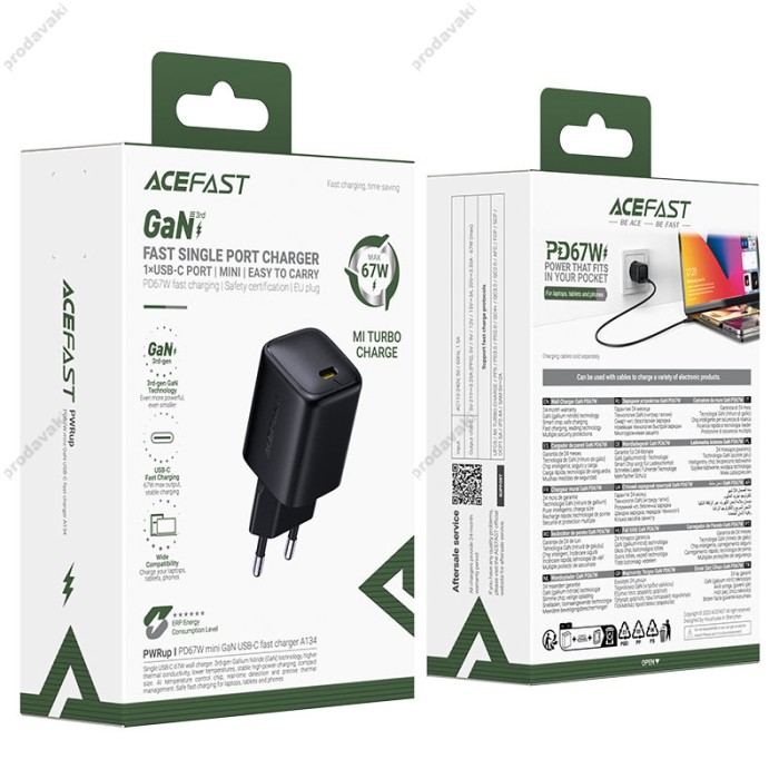 Мережевий зарядний пристрій ACEFAST A134 mini GaN fast charger 67W Black