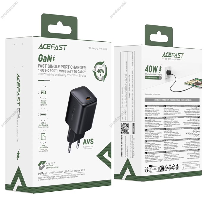 Мережевий зарядний пристрій ACEFAST A136 mini GaN USB-C fast charger 40W Black
