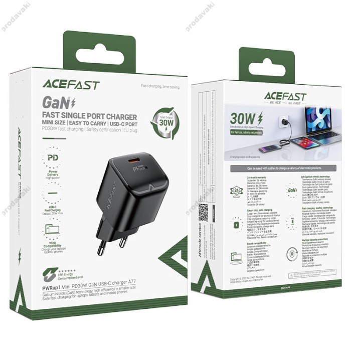 Мережевий зарядний пристрій ACEFAST A77 PD mini GaN USB-C charger 30W Black
