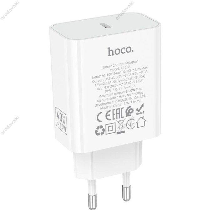 Мережевий зарядний пристрій HOCO C162A Source single port PD charger Type-C cable 60W White