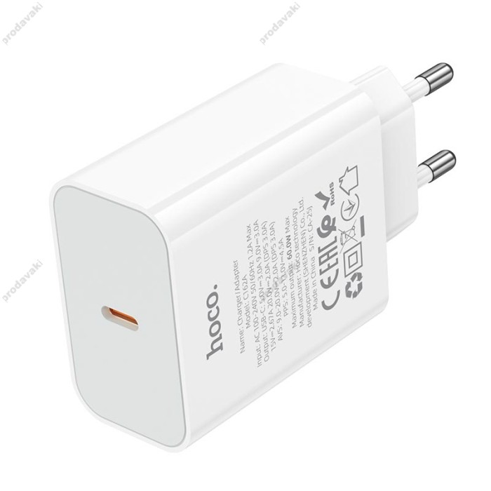 Мережевий зарядний пристрій HOCO C162A Source single port PD charger Type-C cable 60W White