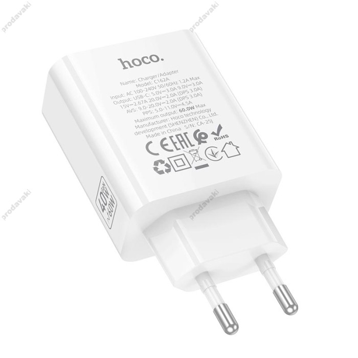 Мережевий зарядний пристрій HOCO C162A Source single port PD charger Type-C cable 60W White