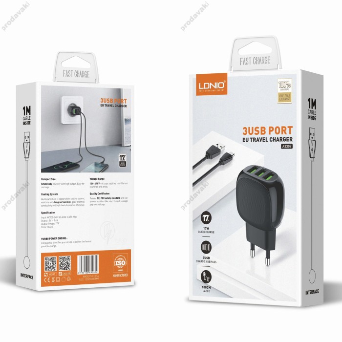 Мережевий зарядний пристрій LDNIO A3309 Micro USB Cable 17W Black