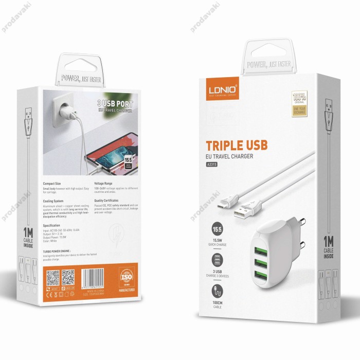 Мережевий зарядний пристрій LDNIO A3315 Micro USB Cable 15.5W White