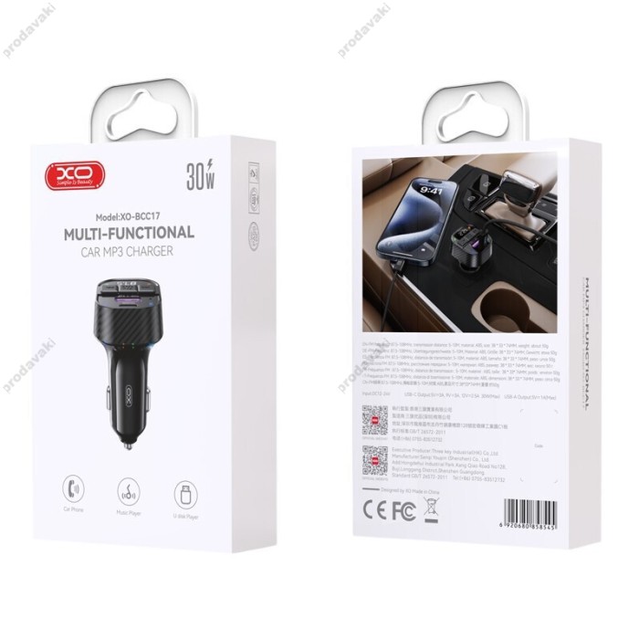 FM - трансмітер XO BCC17 Smart Bluetooth MP3 A+C Dual Port PD30W Black
